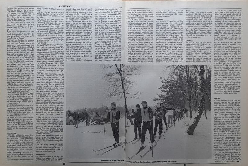 Skiërs die in een sneeuwlandschap met bomen en paarden skiën.
