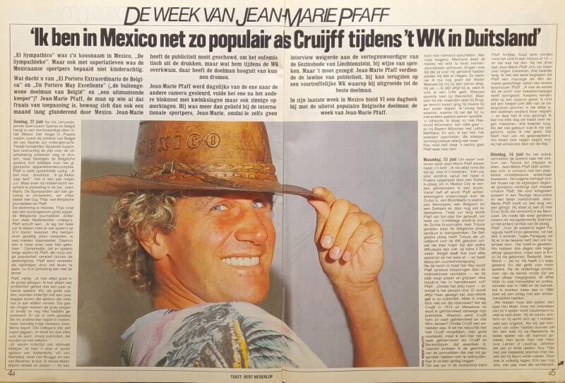 Jean-Marie Pfaff met hoed, lachend, in Mexicaanse krant uit 1986.