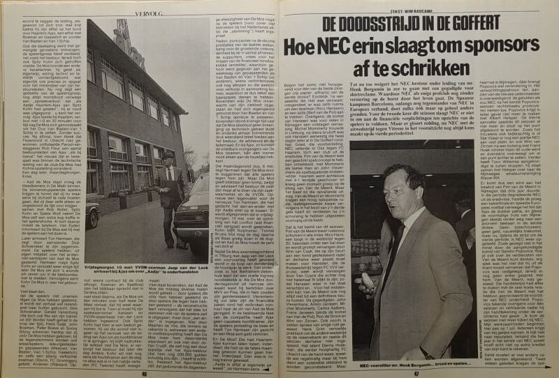 Oud krantenartikel over NEC sponsorstrijd en de strijd tussen sponsors in Nederland.