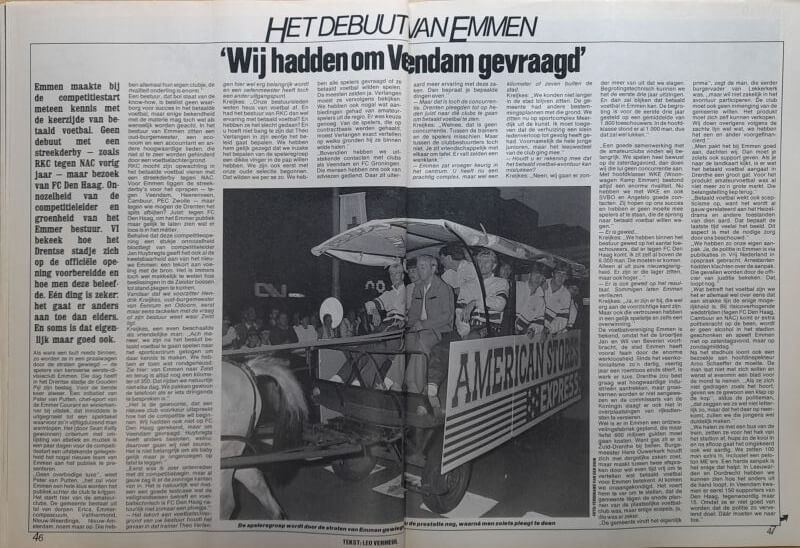 Oud nieuwsartikel over Emmen en Vendam, met foto van een historische parade.