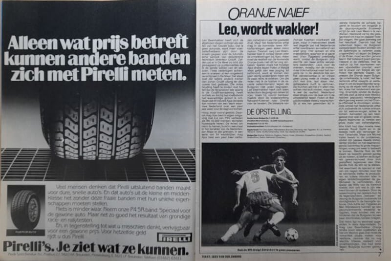 Vintage Pirelli bandenadvertentie en sportpagina uit 1985.