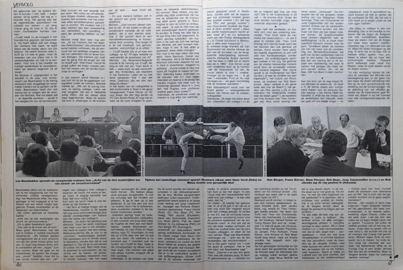 Historisch sportartikel uit Voetbal International 1985, met voetbalwedstrijd en interviews.