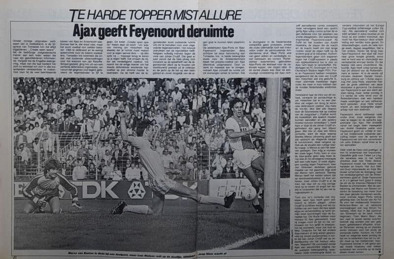 Spannende voetbalactie met doelpunt in 1985.