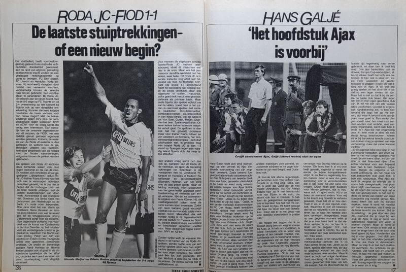 Artikel over Ajax en Roda JC uit Voetbal International 1985.