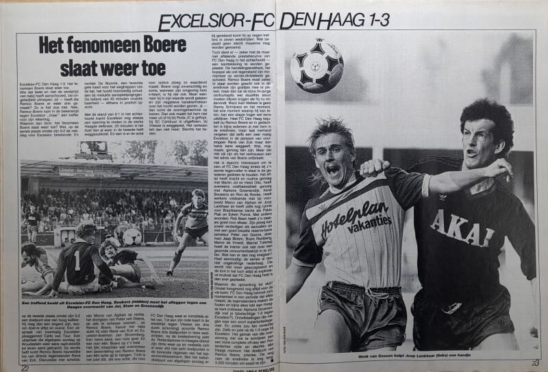 Voetbalwedstrijd tussen Excelsior en FC Den Haag in 1985, met spelers in actie.