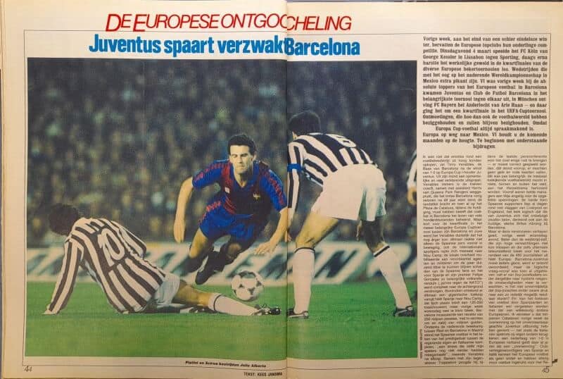 Voetbalwedstrijd tussen Juventus en Barcelona in 1986, actie op het veld.