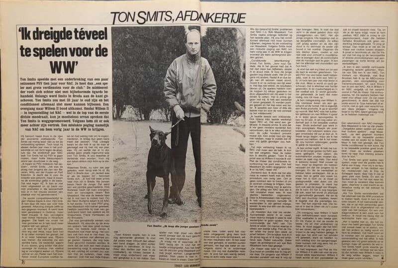 Artikel uit Voetbal International met foto van man en hond, 1986.