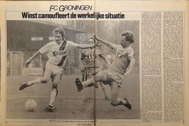 FC Groningen spelers in actie tijdens wedstrijd in 1986.