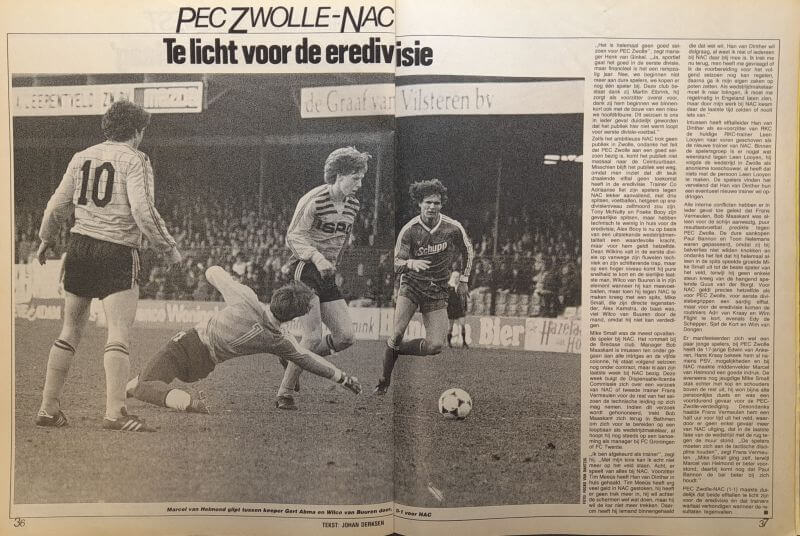Spelers in actie tijdens een voetbalwedstrijd uit 1986.