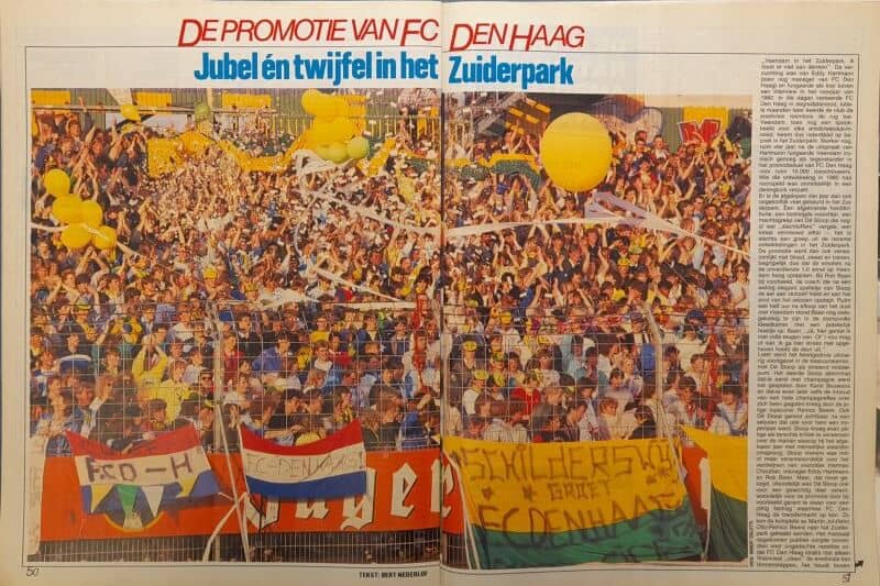 Groots voetbalfeest met duizenden fans en kleurrijke banners in Zuiderpark.