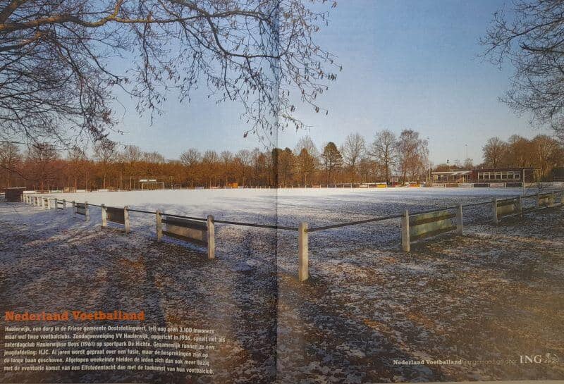 Voetbalveld op amateurvelden in Friesland met omringende bomen.